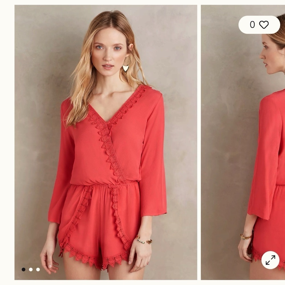 Anthropologie Elevenses Coral Lace Trim Romper